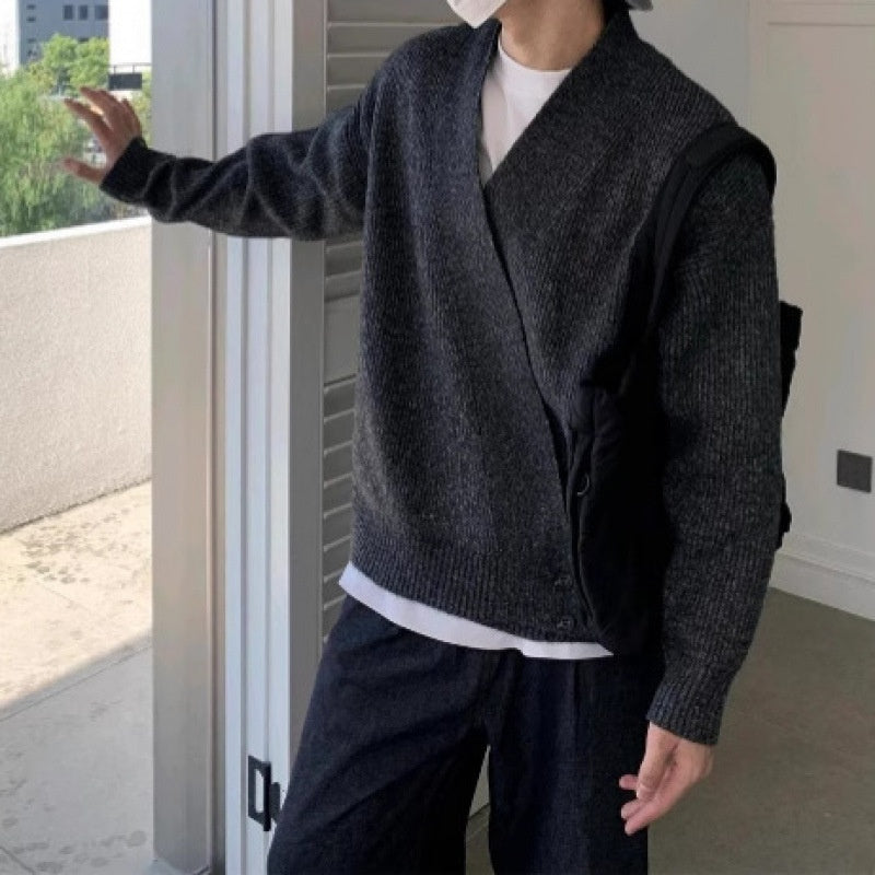 Mens Relaxed-fit V-neck Knit Jacket Versatile And Minimalist Style