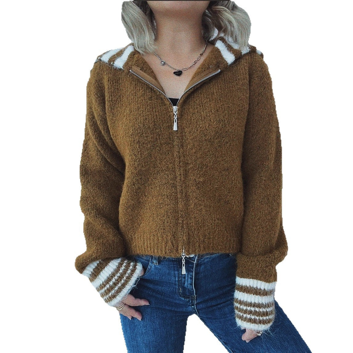Enkel kontrastfarvet stor revers lynlås strikket cardigan løs afslappet sweater