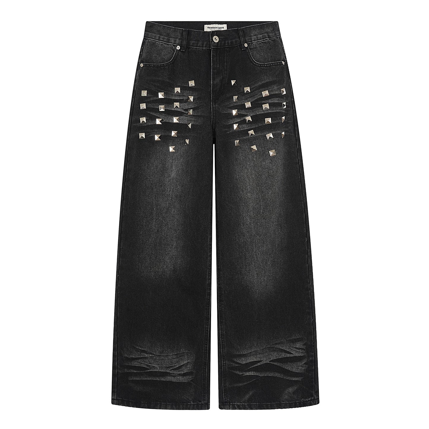 Womens Washed Denim Jeans With American-Style Rivet Design And Cat-Eye Distressed Details
