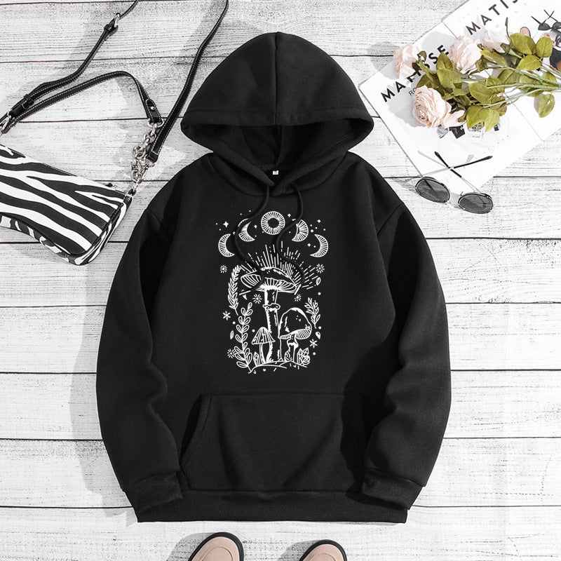 Printed Heel Wrap Collar Velvet Thickened Hooded Sweatshirt