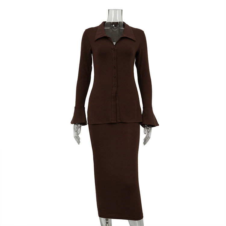 Flare-sleeve Cardigan Top And Sheath Skirt Two-piece Set