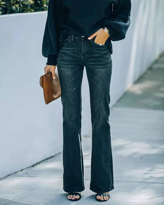 New Cross-border Independent Station European And American Foreign Trade Fashion High Waist Stretch Flared Jeans Women's Trousers Black