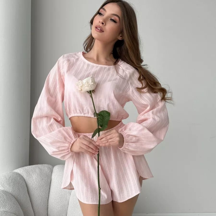 Long-sleeved Top With Slit Shorts Casual Wearable Set For Women