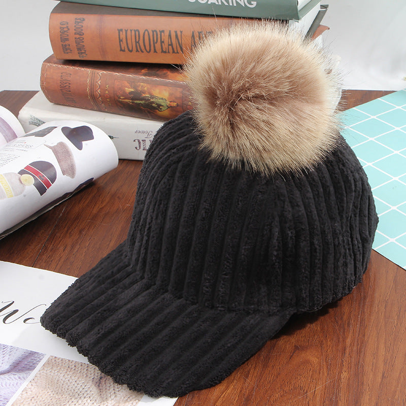 Ladies Fur Ball Solid Color Corduroy Hat