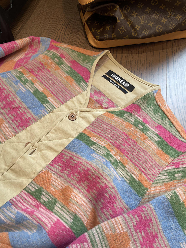 Retro Loose Ethnic Style Contrast Color Woolen V-neck Buttons Rainbow Jacket For Men