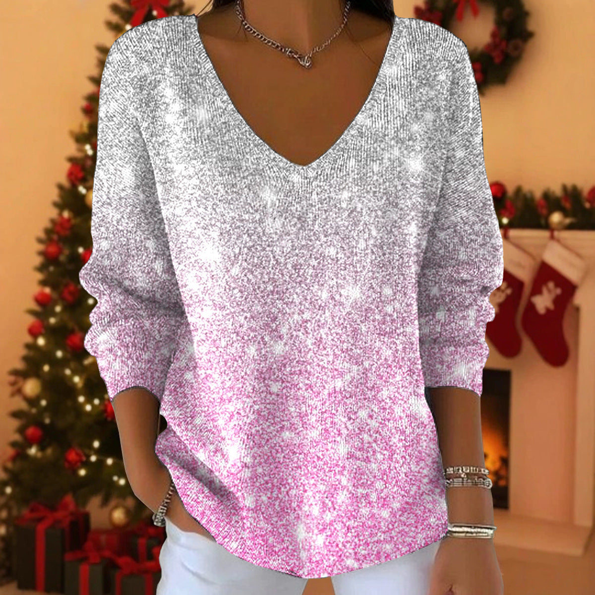 Womens 3D Digital-Print Drop-Shoulder V-Neck Long-Sleeve Pullover Top