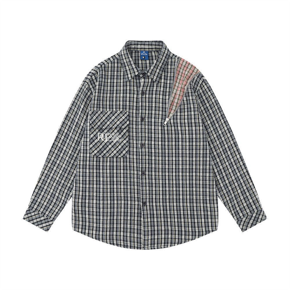 Embroidered Pocket Plaid Long Sleeve Shirt Men