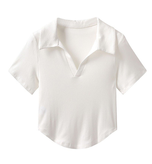 Solid-color Simple Lapel-neck Short-sleeve Top For Women