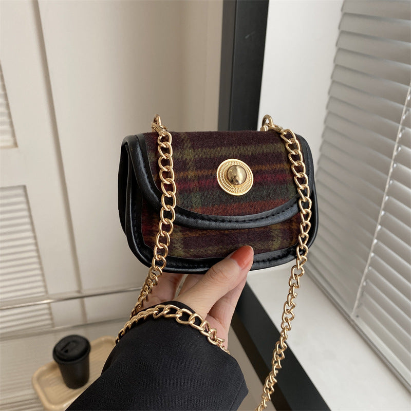 Plaid Retro Contrast Color Woolen Women's Shoulder Bag