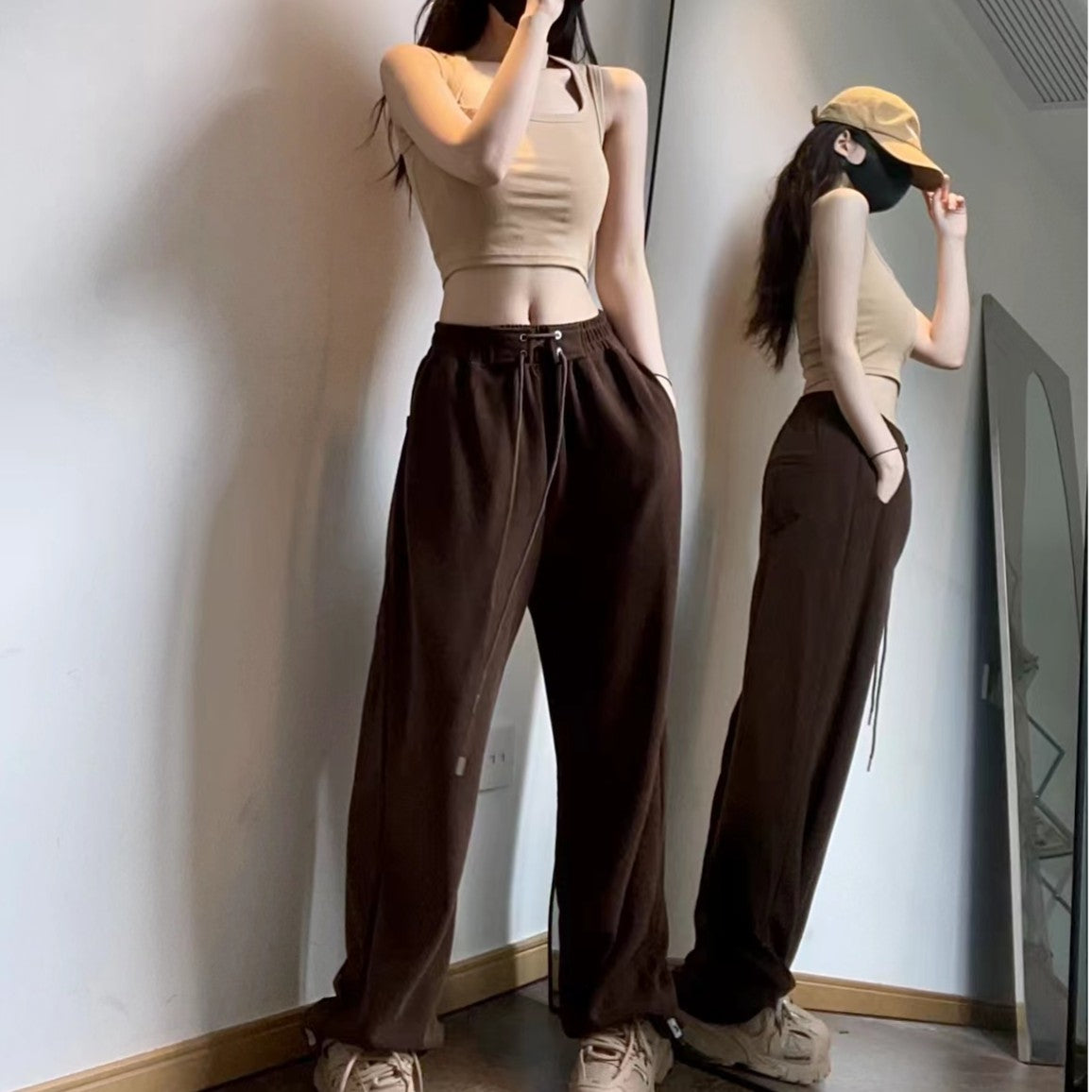 Sports Pants Female High Waist Drawstring Sweatpants Slim Casual Wide Leg Dancing Long