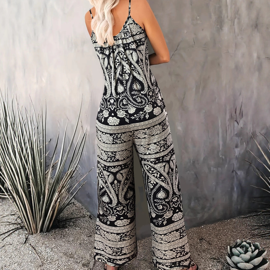 Paisley-mønstret sling jumpsuit til kvinder med brede ben