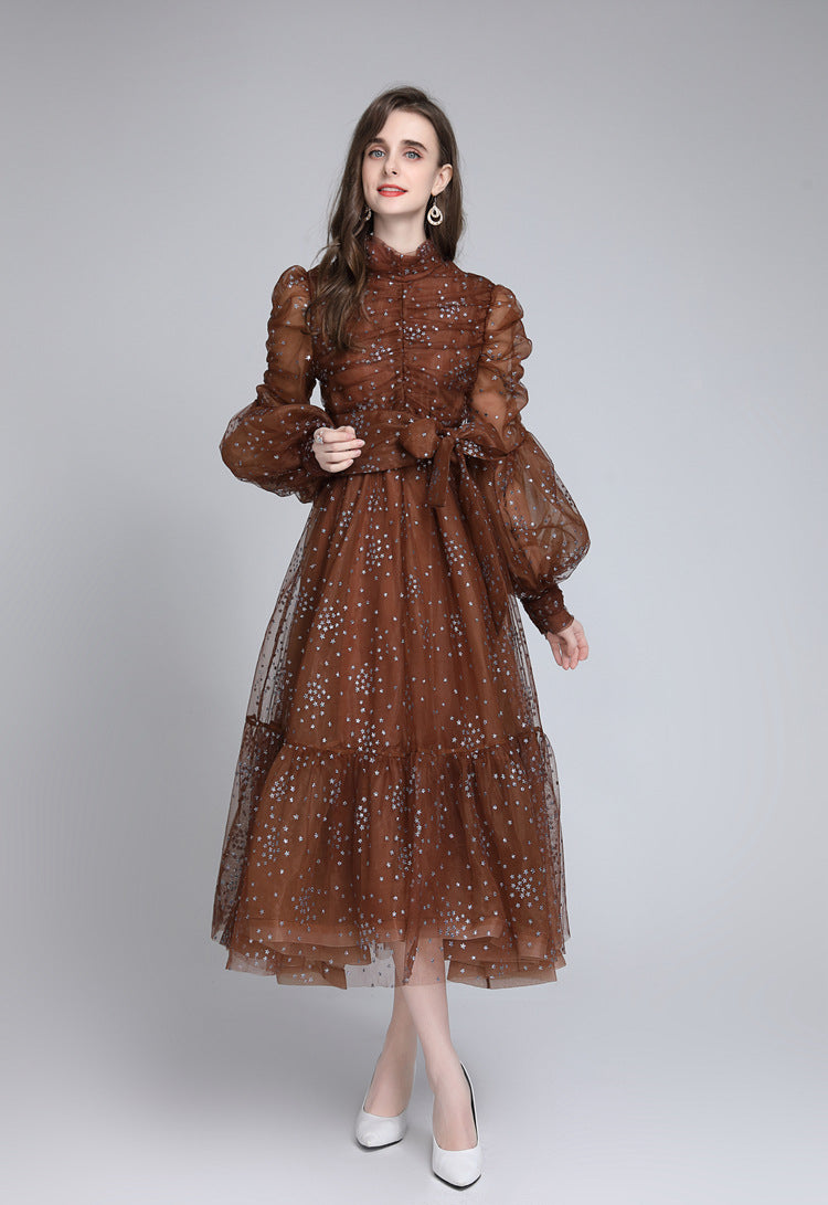 Women's Mesh Star Shiny Silk Print Waist Wrapping Slim Dress