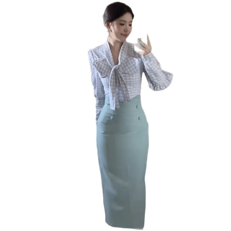 Spring And Autumn High Waist Slimming Hip-wrapped Mid-length Dress Two-piece Set