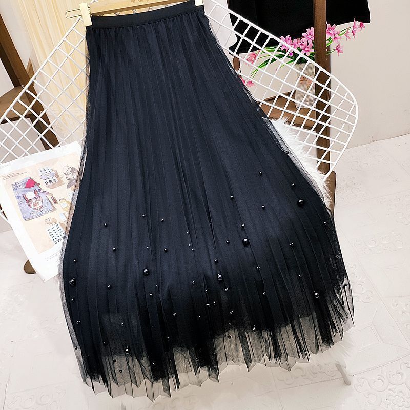 Pleated Mesh Skirt Women's Mid-length High Waist Long Skirt