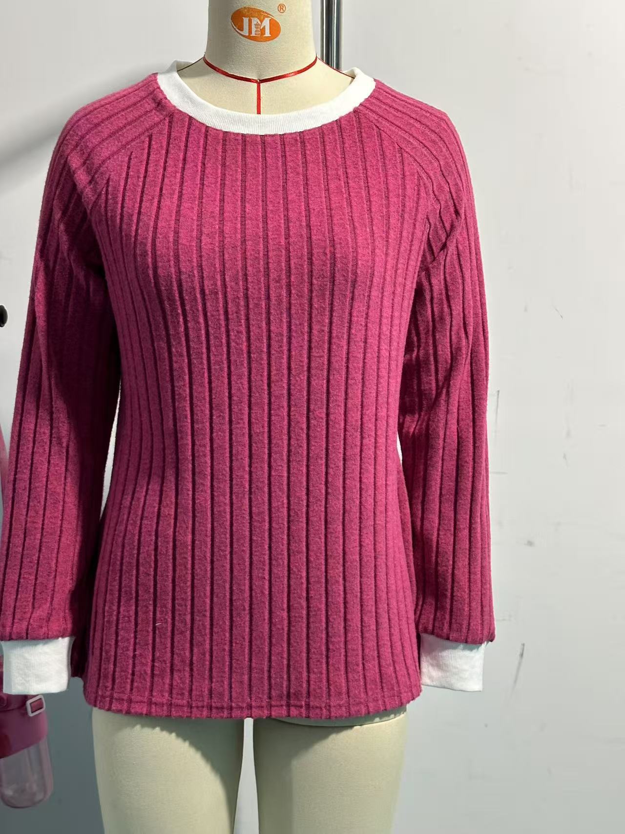 European And American Autumn And Winter Round Neck Contrast Color Long Sleeves Sunken Stripe T-shirt