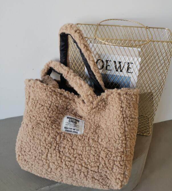 Ladies Winter Lamb Wool Handbag Double-sided Back Large Capacity