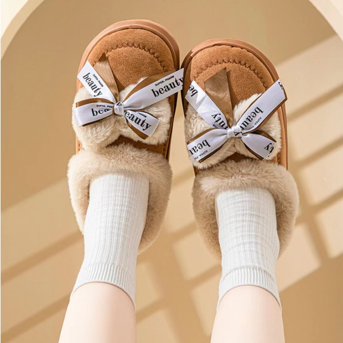 Women's Ribbon Bow Cute Thick Bottom Cotton Half Slippers