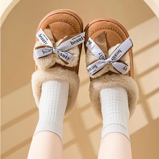 Women's Ribbon Bow Cute Thick Bottom Cotton Half Slippers