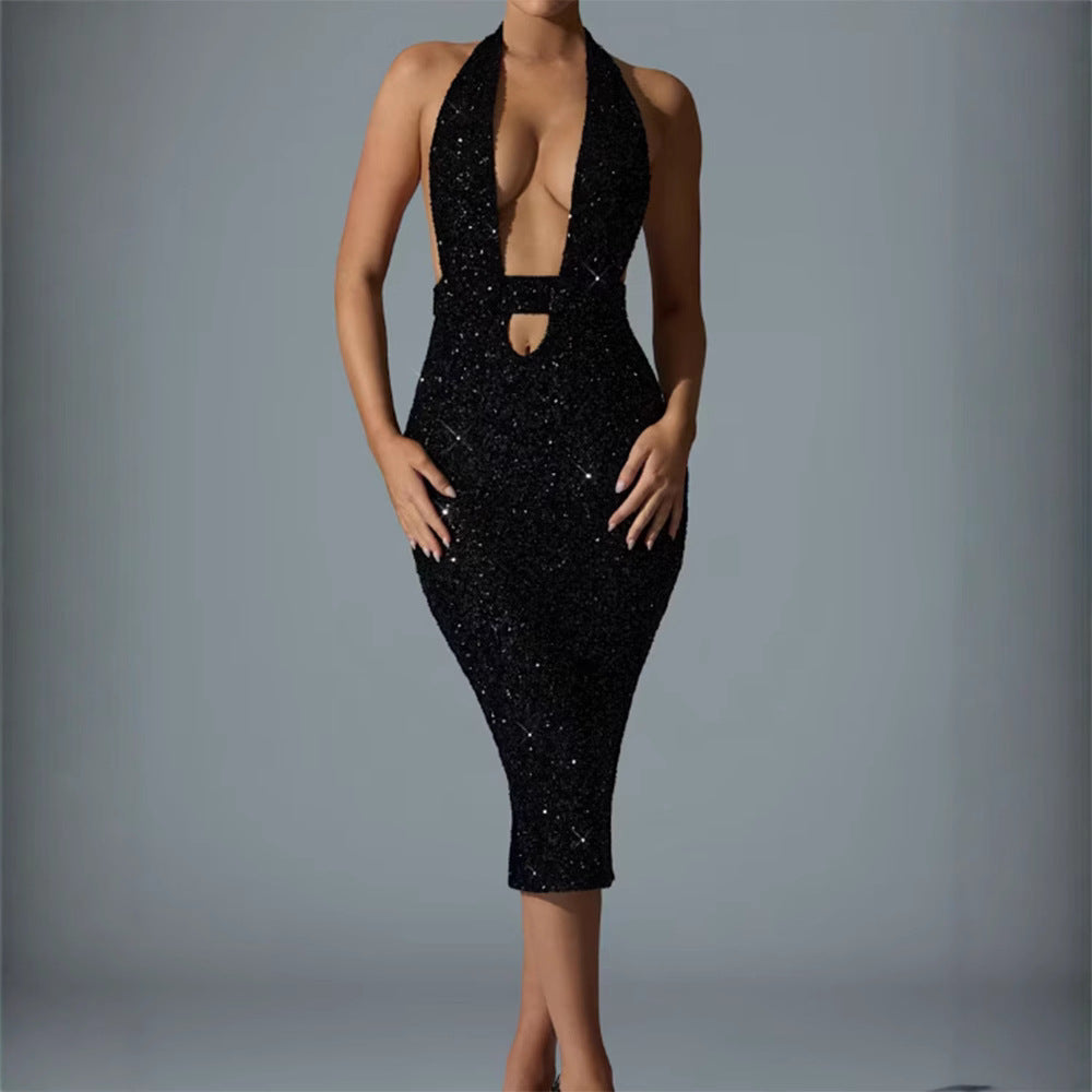 Deep-V Halter Sequin Bodycon Hollow-Out Dress