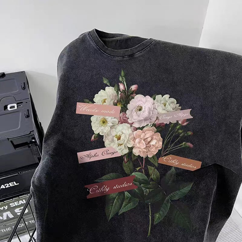Flower Print Couple Ins Half Sleeve T-shirt