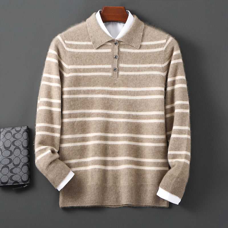 Lapel Pure Wool Sweater Striped Color Matching Half Button Pullover Long Sleeve Loose-fitting Underwear Sweater