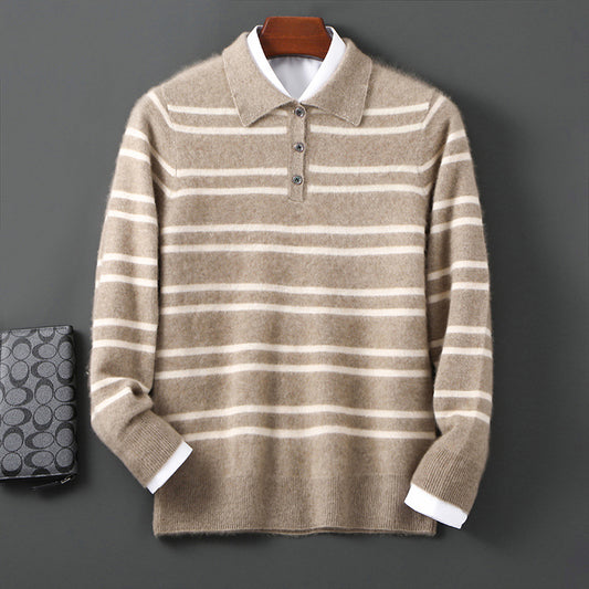 Lapel Pure Wool Sweater Striped Color Matching Half Button Pullover Long Sleeve Loose-fitting Underwear Sweater