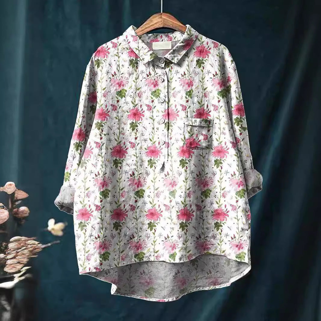 Lapel Long Sleeve Shirt Vintage Floral Flower T-shirt Shirt