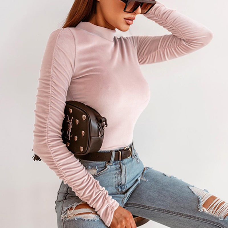 New Solid Color Temperament Versatile Pleated Long Sleeves