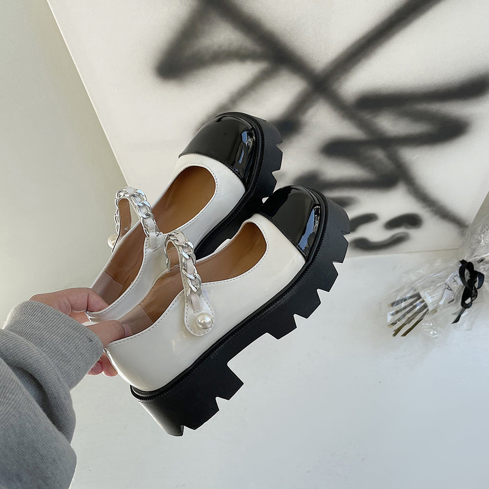 Spring And Summer Round Toe Chain Platform Small Leather Shoes