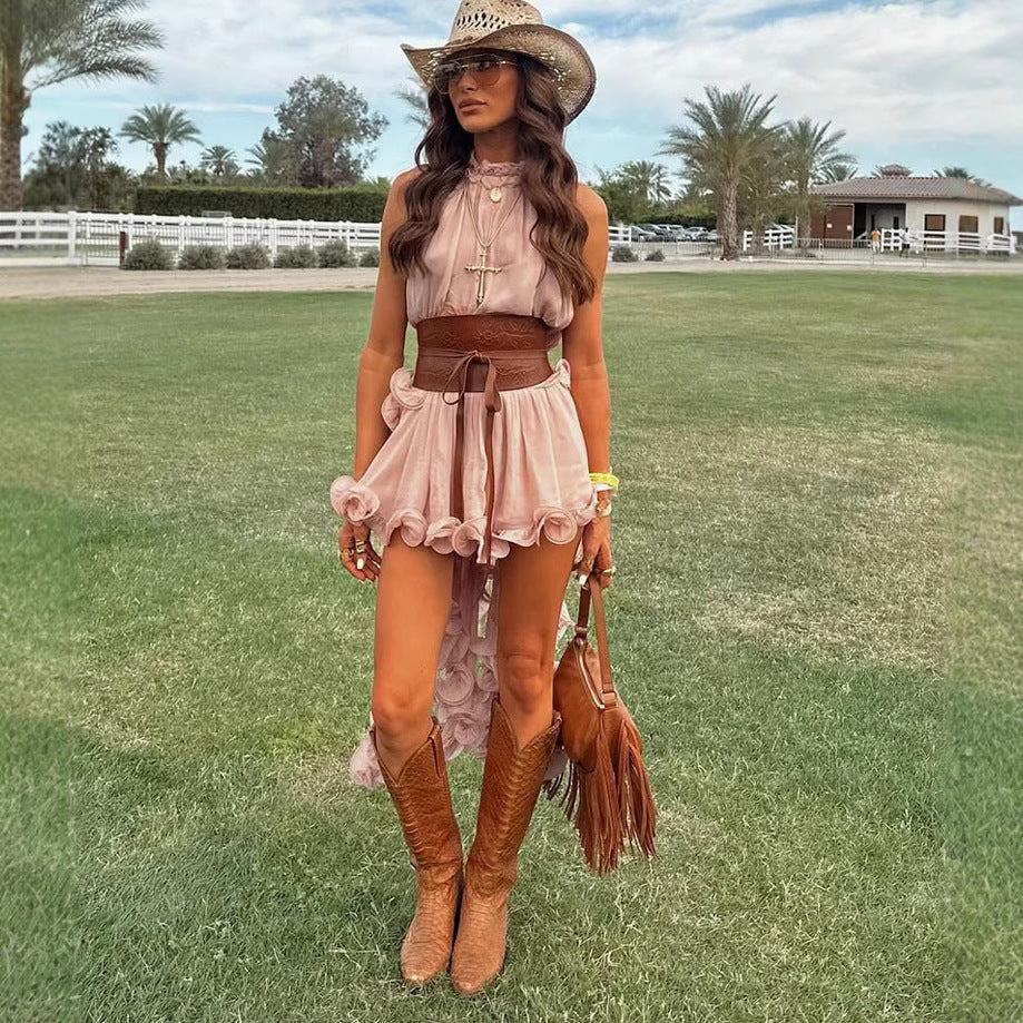 Ruffled Sleeveless Skirt Outfit Leisure Vacation Chiffon