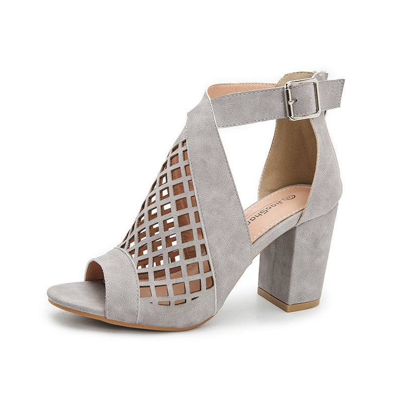 Women's Chunky High Heel Hollow Buckle Roman Shoes