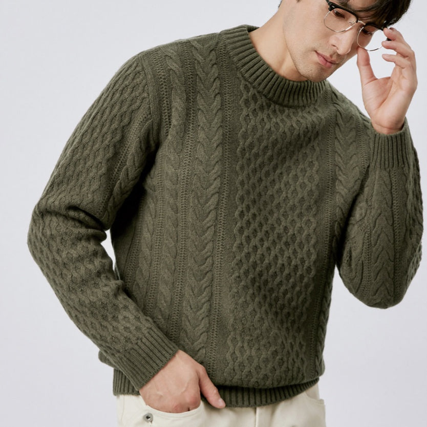Mens Jacquard Crew-neck Knit Sweater Red Wool Sweater