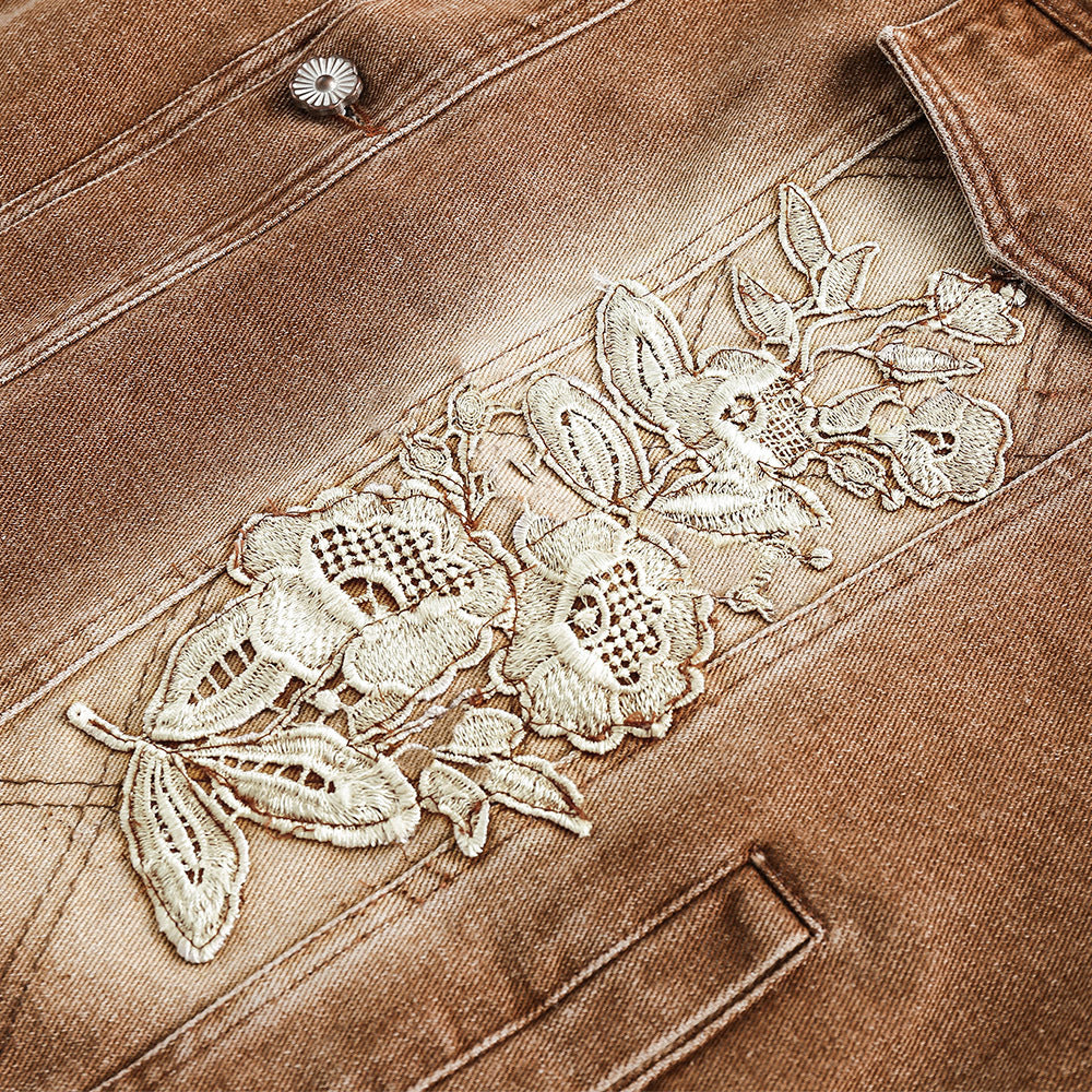 Floral Embroidery Spray Painting Denim Jacket Men Punk