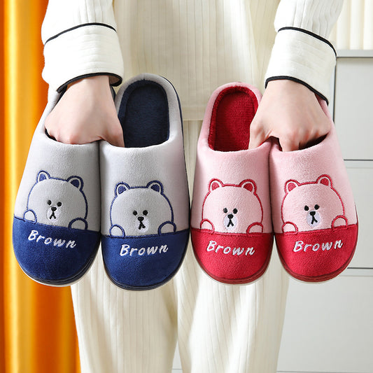 Cute Bears Slippers Warm Winter House Shoes For Women Couple Indoor Floor Bedroom Solid Color Non-slip Soft Plush Slippers