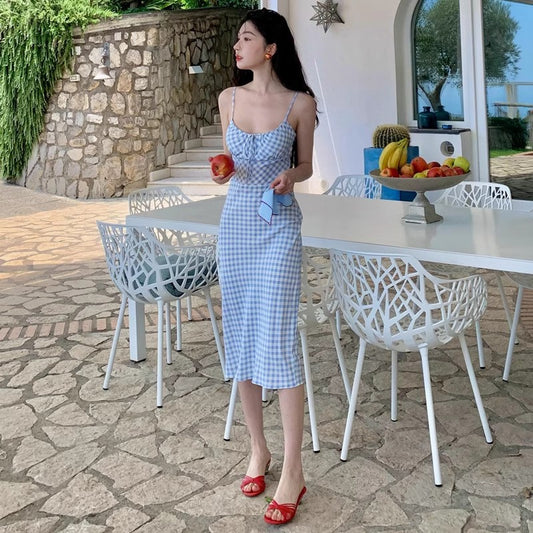Summer French-Style Gentle Plaid Slip Dress