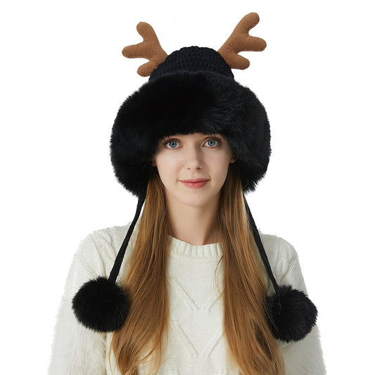 Christmas Antlers Knitted Hat Large Plush Edge Cute Wool Hat