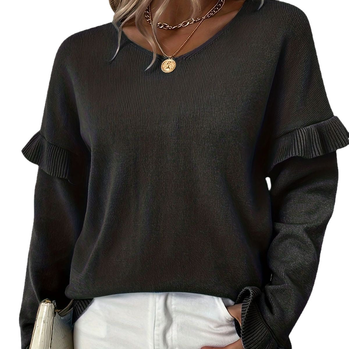 Solid Color And V-neck Petal Sleeve Sweater For Women