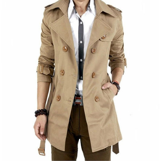 Classic Retro Men's Windbreaker Jacket Smart Business Korean Double-breasted Slim Trendy Version