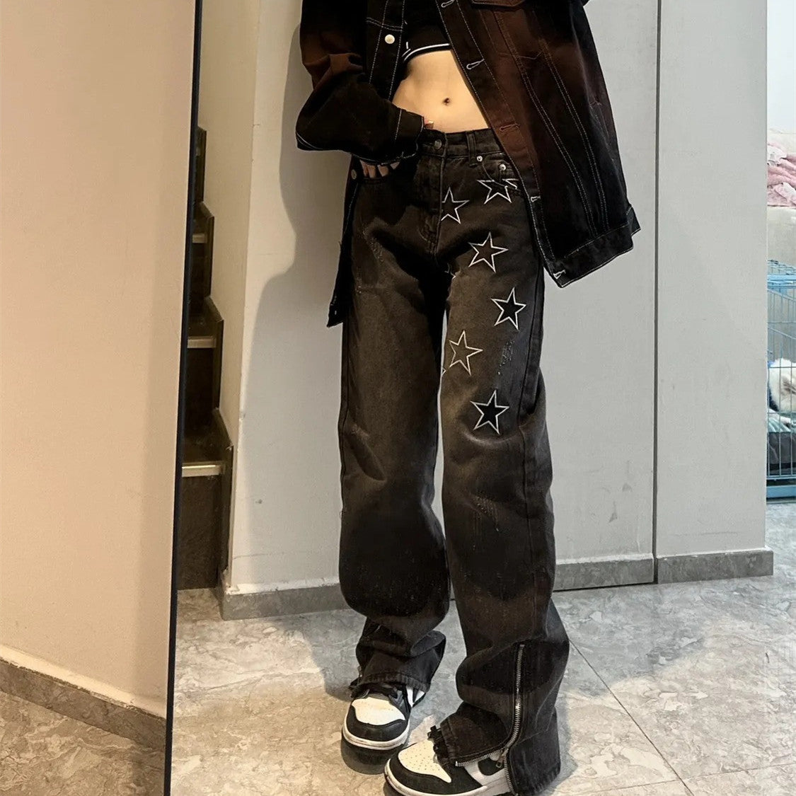 Women's Fashion Star Embroidery Straight Jeans