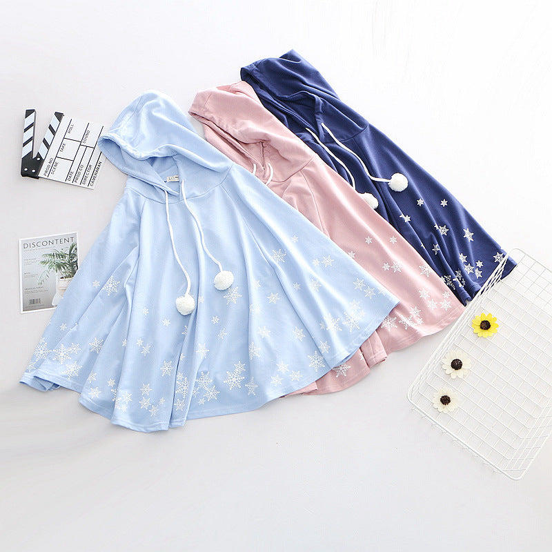 Japanese College Style Cartoon Snowflake Print Hooded Pullover
