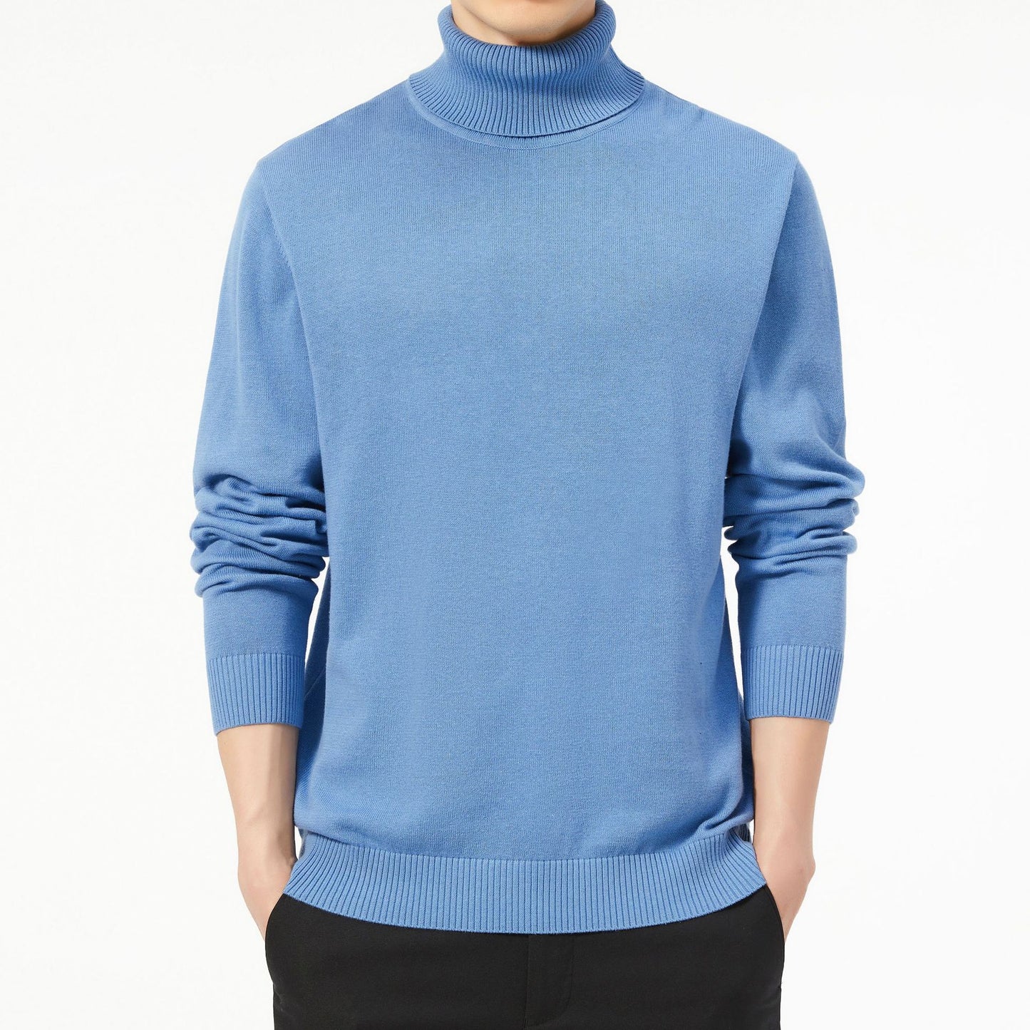 Ensfarvet Langærmet Turtleneck Pullover Mænds Basistrøje