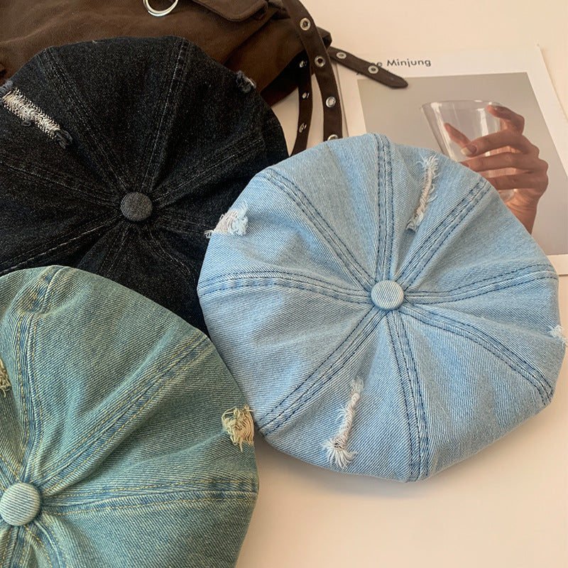 Korean Retro Make Old Ripped Denim Beret