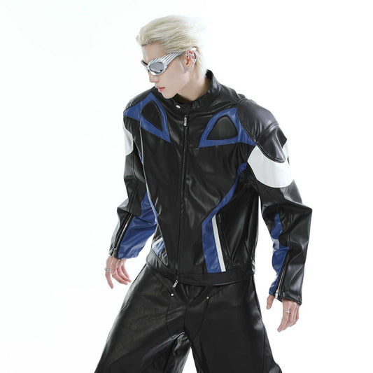 Stitching Contrast Color PU Leather Motorcycle Trendy Fried Street Pu Handsome Coat