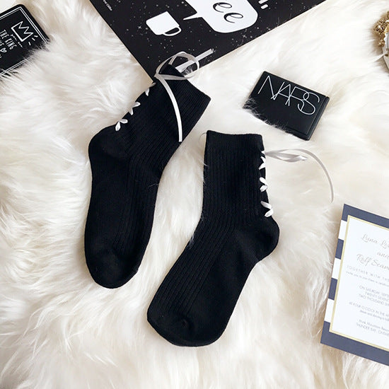 Ribbon Cross Strap Bow Vertical Pure Cotton Girl Student Lace-up Socks