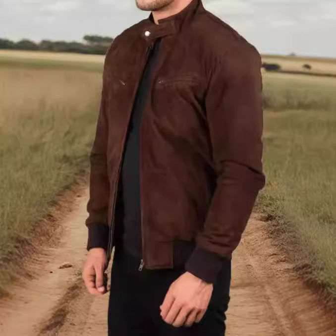 Vintage Zipper Suede Jacket Mature Men's Coat