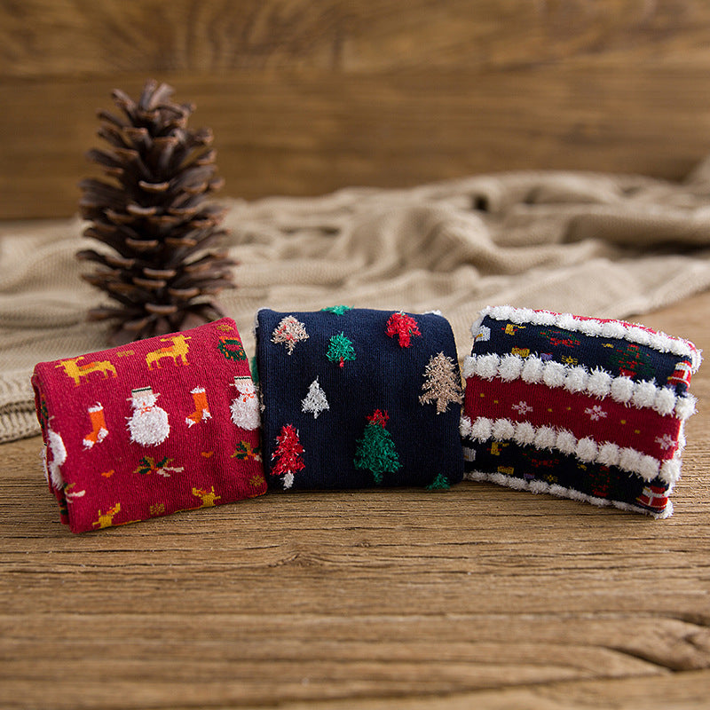 Christmas Socks New Autumn And Winter Mid-calf Christmas Cartoon Elements Women's Socks Pack Of Three Pairs Casual Cotton Socks