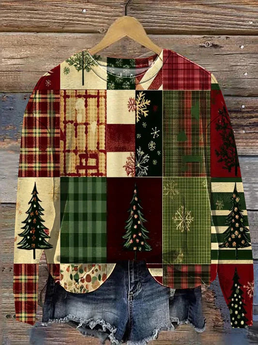 Halsudskæring, juleprint, sweatshirt til damer