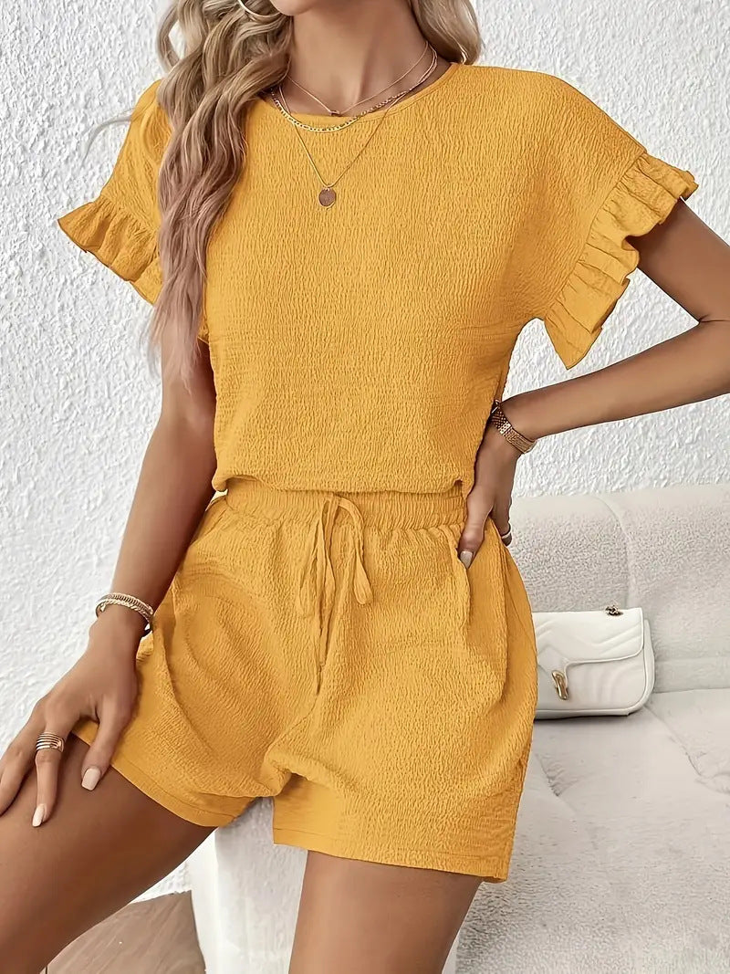 Women's Solid-Color Casual Two-Piece Set Top Shorts