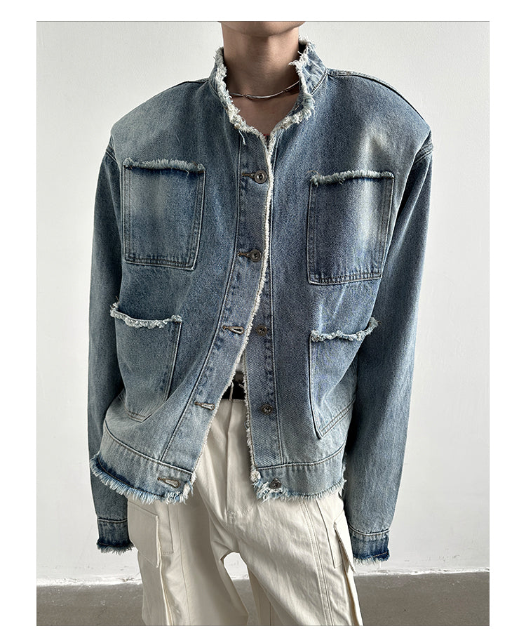 Damaged Design Feeling Rough Edge Washed Stand Collar Padded Shoulder Denim Jacket