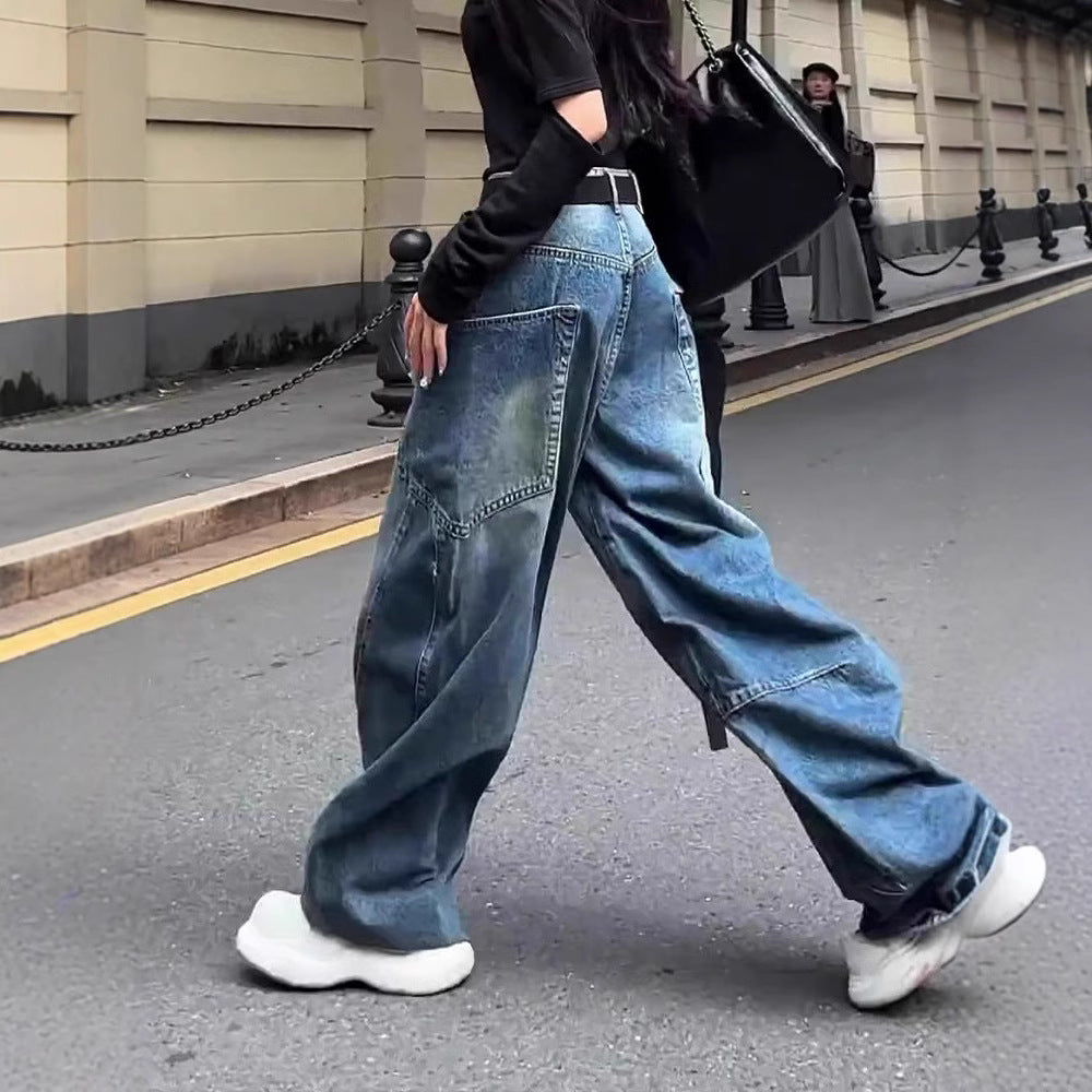 Højtaljede Krøllede Jeans Med Brede Ben Til Kvinder Plus Size Moppe Bukser